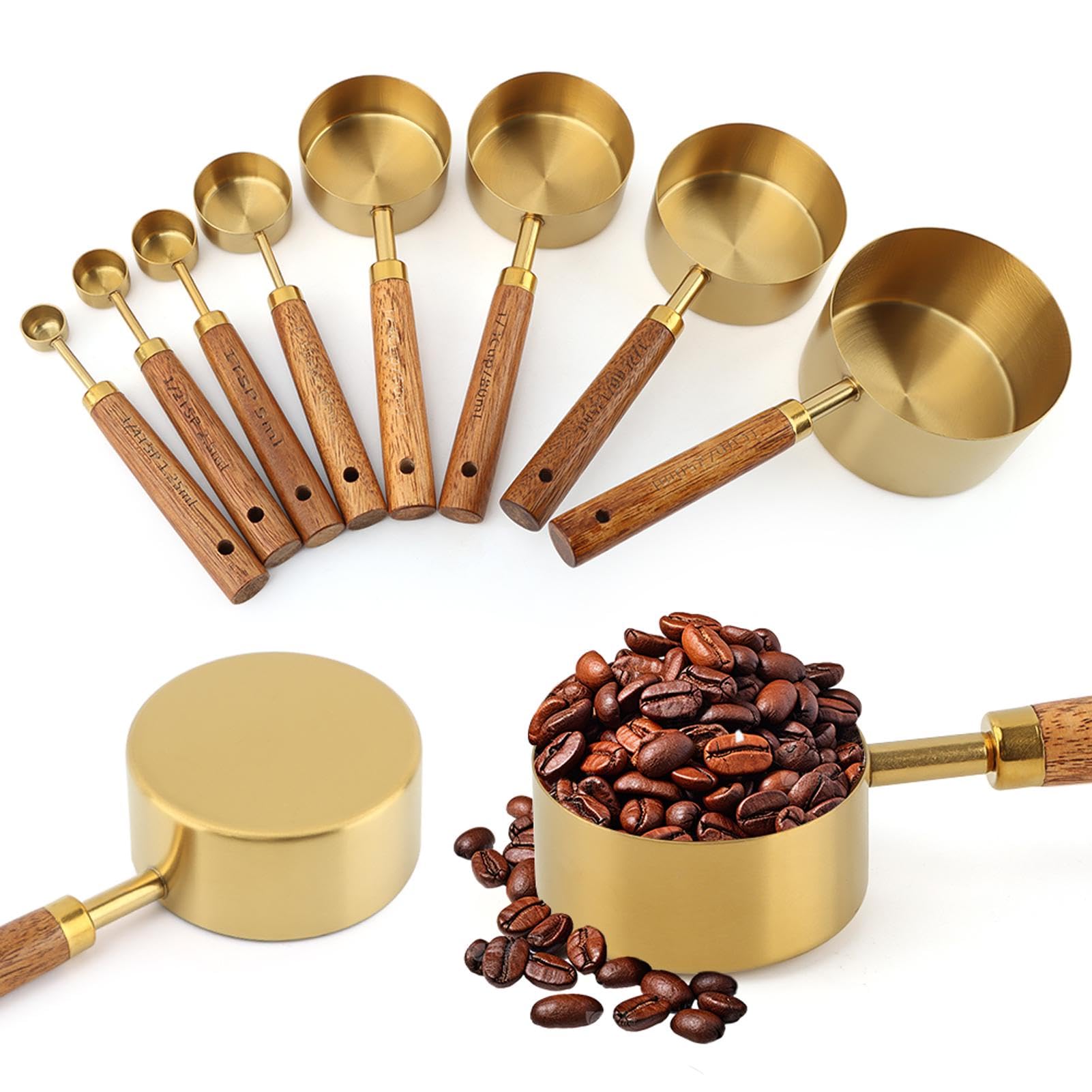 Gold Messbecher und Löffel 8er Set, Stapelbare Edelstahl Messlöffel und Messbecher Set mit Holzgriffen, Trocken- & Flüssigkeitsmessbecher zum Kochen & Backen