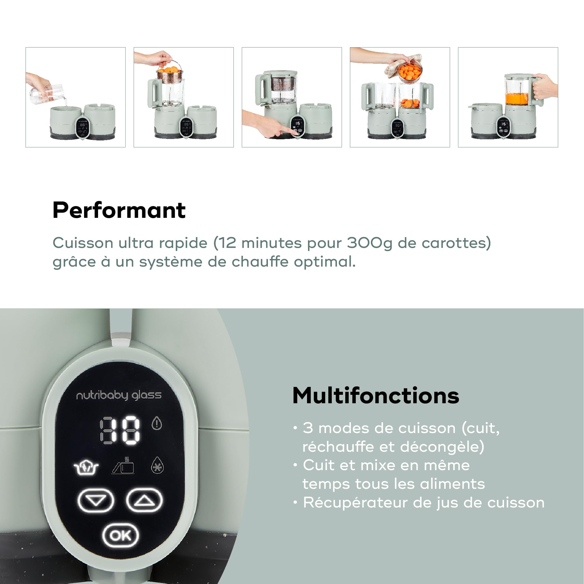 Babymoov Robot Cuiseur Bébé Nutribaby Glass - Bols en Verre - 4 en 1 Mixeur Cuiseur Vapeur, Grande Contenance 1,9L, Cuisson Saine des Aliments, Vert Celadon