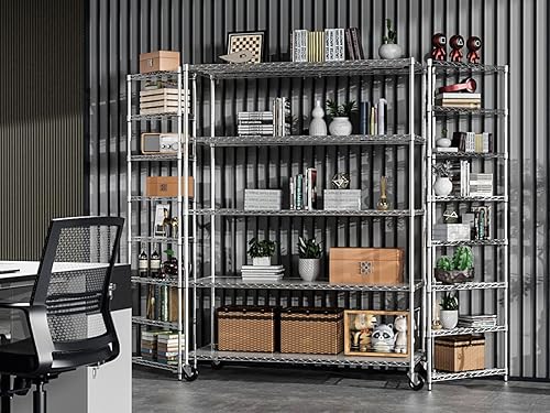 Miniatura 11 de Estantería de alambre de metal NSF de 5 niveles con capacidad de 7500 libras, estante de almacenamiento ajustable resistente con ruedas y Negro