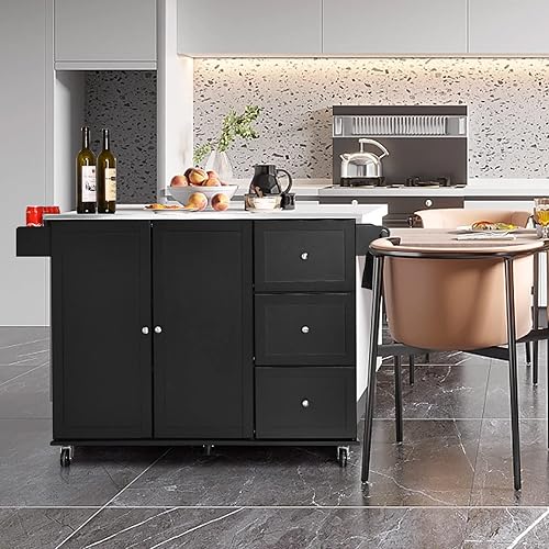 Miniatura 9 de GOFLAME Carrito de isla de cocina con parte superior de acero inoxidable, isla de cocina móvil rodante con almacenamiento y toallero, carrito de