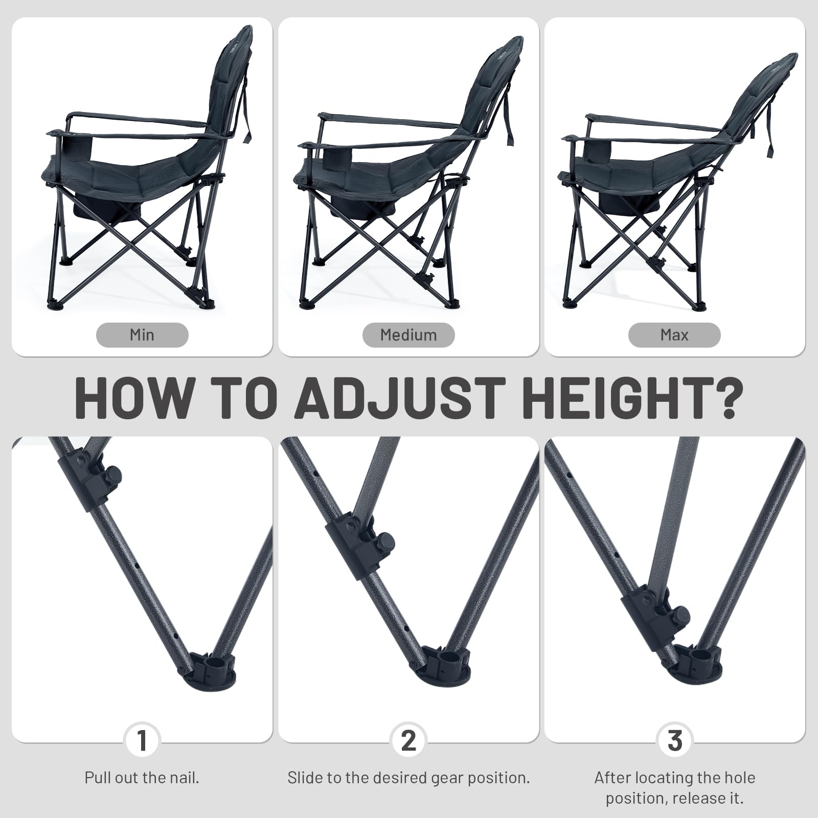 TIMBER RIDGE Silla de camping plegable de 2 unidades, 180 kg, ajustable en 3 posiciones, acolchada, ancho del asiento 62 cm, con respaldo alto, con soporte para bebidas, sillón, camping, jardín