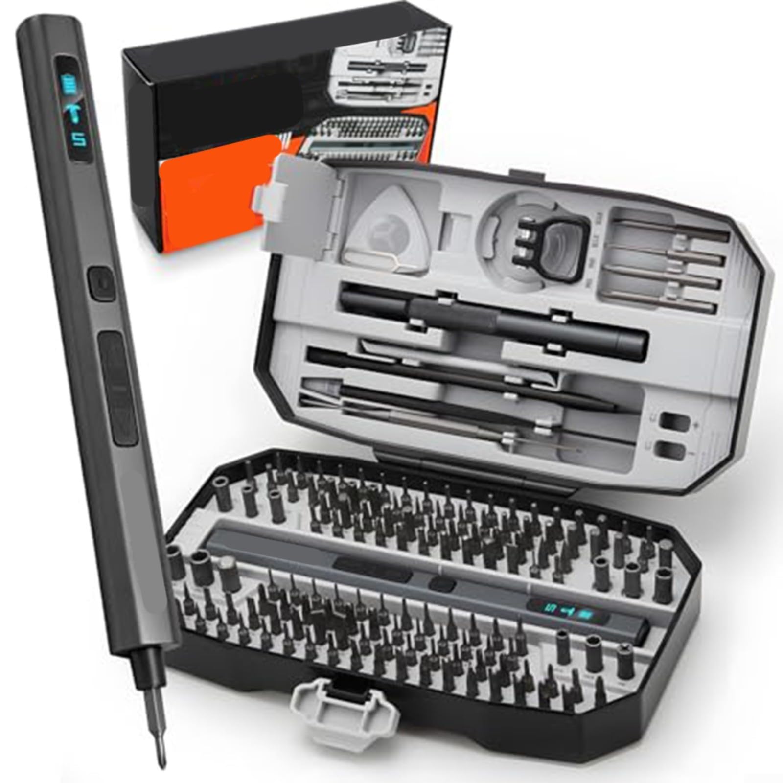 Set di cacciaviti elettrici 156 in 1, 5 livelli di coppia, 140 punte magnetiche, luce LED di tipo C, per riparazione console smartphone, laptop, kit da uomo grigio nero (grigio)