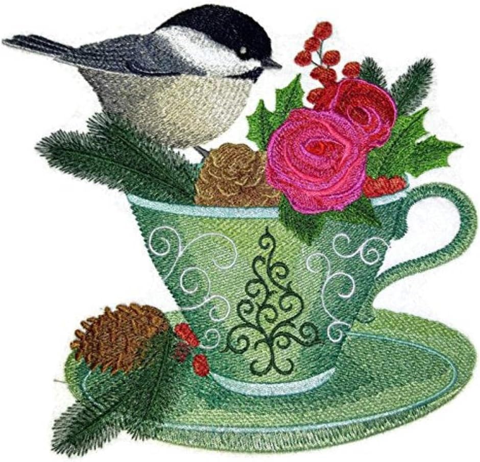Custom Festival Chickadee and Christmas Tea Embroidered Iron on/Sew Patch [6.9" *7.32"] [Made in USA]