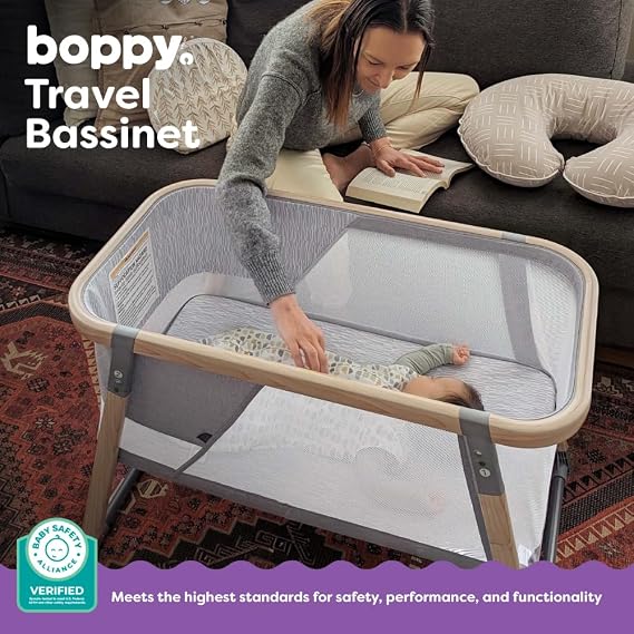 Boppy Portable Baby Bassinet - Lightweight, Low, Fold-Flat Travel Bassinet with Mesh Sides, Anti-Tilt, 2 Custom Fitted Mattress Covers & No Assembly - Gray Pickup Sticks