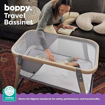 Boppy Portable Baby Bassinet - Lightweight, Low, Fold-Flat Travel Bassinet with Mesh Sides, Anti-Tilt, 2 Custom Fitted Mattress Covers & No Assembly - Gray Pickup Sticks