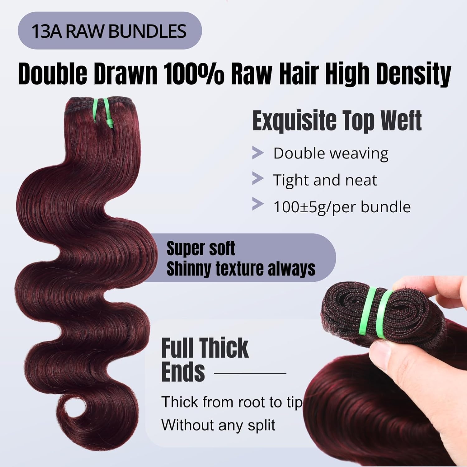 Double Drawn 99J Bundles with 5x5 HD Closure Body Wave Human Hair, 13A 100% Raw Hair Dark Burgundy 3 Bundles with 5x5 Closure Full Thick Sew In Colored #99J Cherry Red Larger Lace 12 14 16+12