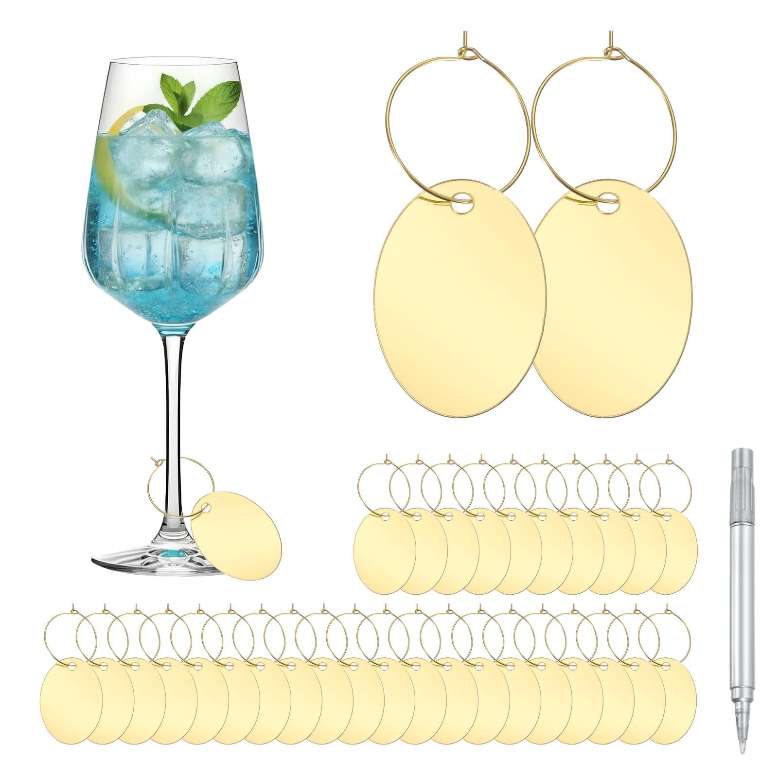 sourcing map 40 Pcs Wine Glass Charm with Ring Tags, Drink Glass Identifiers Acrylic Keychain Blanks with Gold Marker for Stem Glasses Wedding Party Birthday DIY Craft, Gold Oval