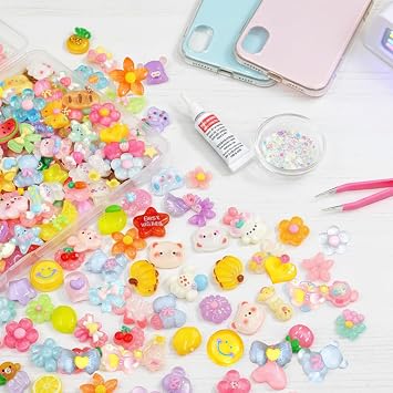 100 PCS Cute Slime Charms Animals Fruits Resin Charms Mixed Colors for Crafting, Phone Cases, DIY Nails, Hairband, Hairpin, Scrapbooking