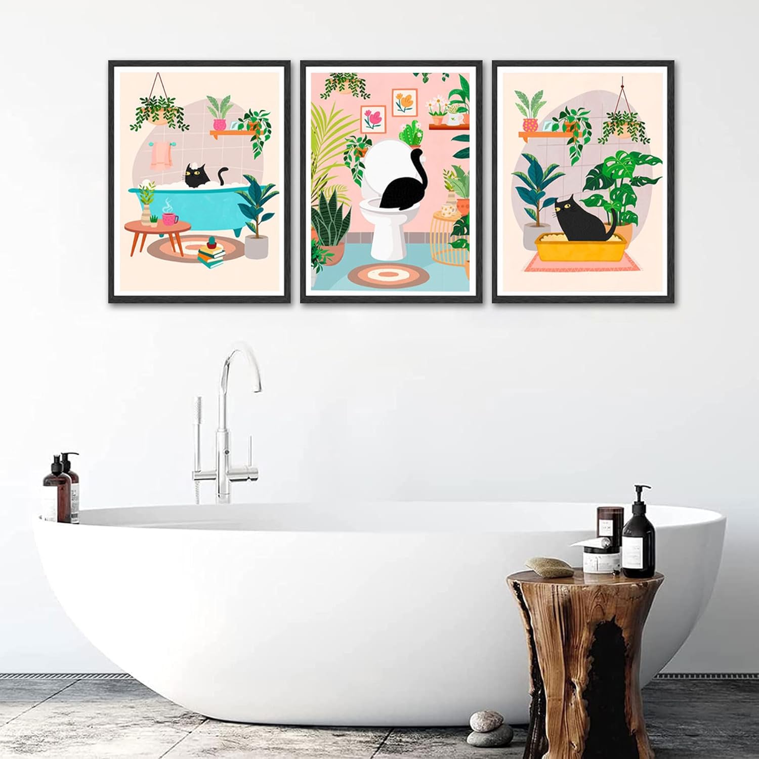 3pcs Black Cat Bathroom Canvas Wall Art Green Plants Black Cat Posters Prints Funny Cute Vintage Cats Wall Decor Pictures for Bathroom Toilet Decoration Unframed - Image 6