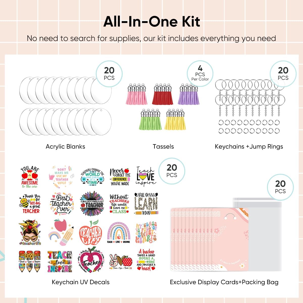 YOPPIX 140 PCS Acrylic Keychain Blank Set, Teachers Double-Sided UV DTF Stickers Acrylic Keychain Making Kits for Vinyl DIY Craft Project image 3