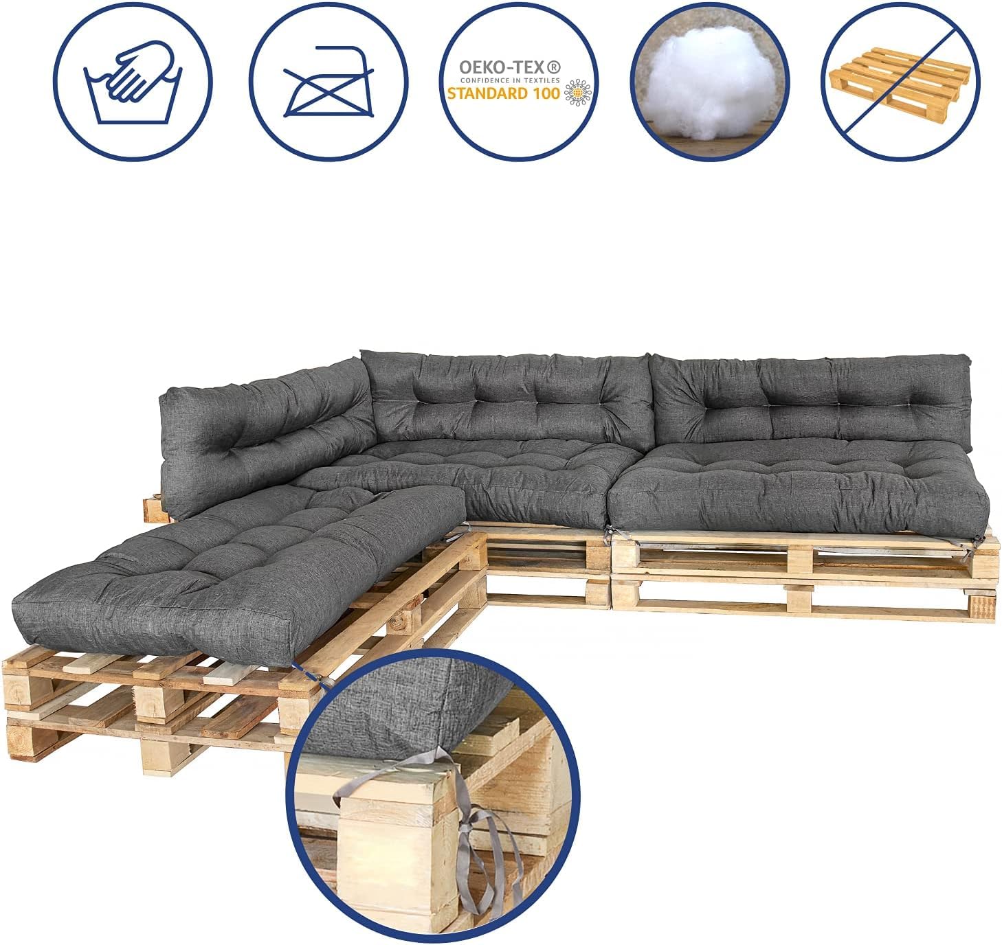 MKS Cojín para palés de exterior con correas tensoras a juego con la paleta, para balcón, sofá, resistente al agua, para exteriores, para bancos de exterior (juego de 6 unidades (3 x 120 x 80 cm + 3 x