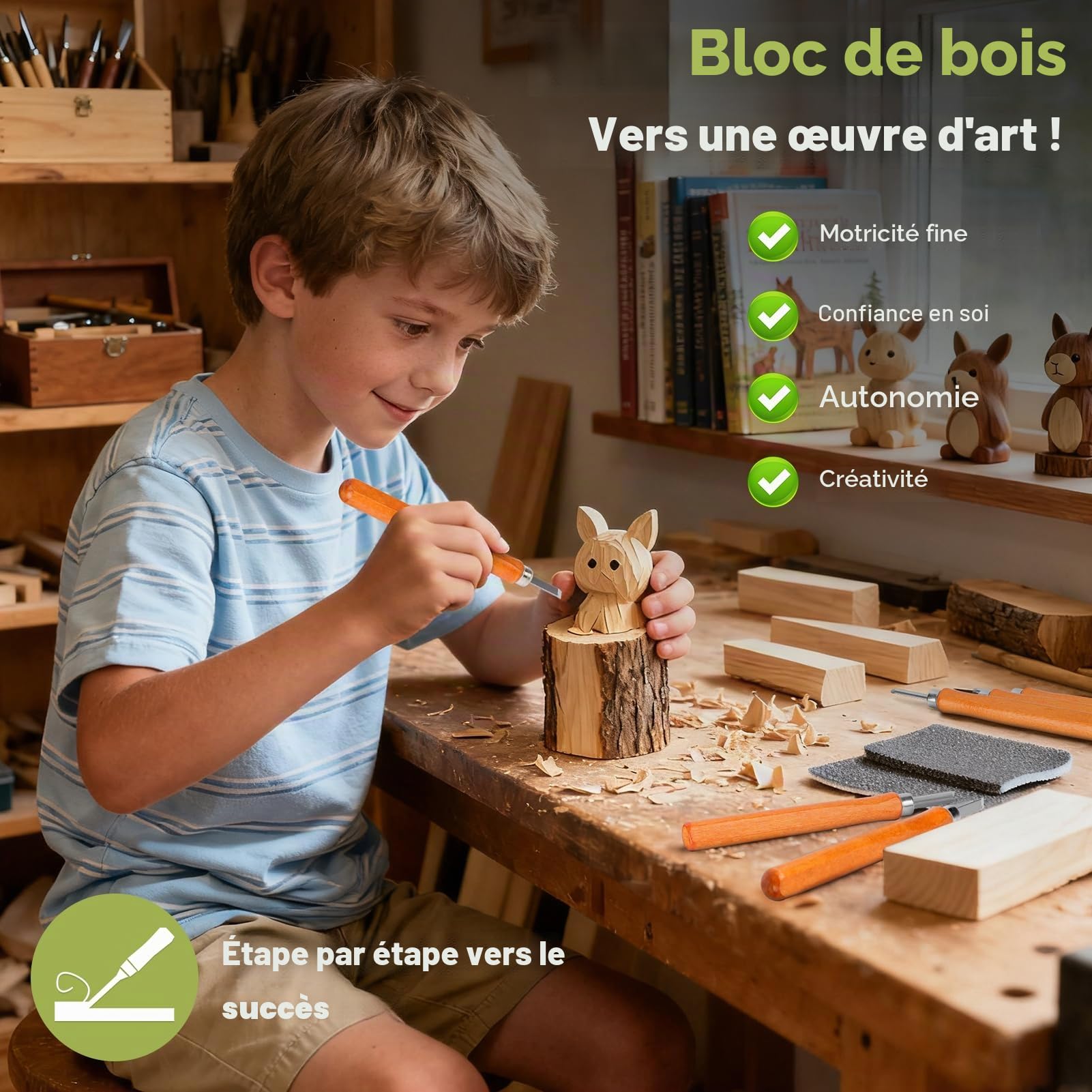 EOJDDPA Kit de Sculpture sur Bois pour Enfants : Ensemble de 12 Pièces avec Gants - Couteau de Sculpture pour Enfants dès 8 Ans - Incl. Guide & Bois de Tilleul - Créatif et Sécurisé