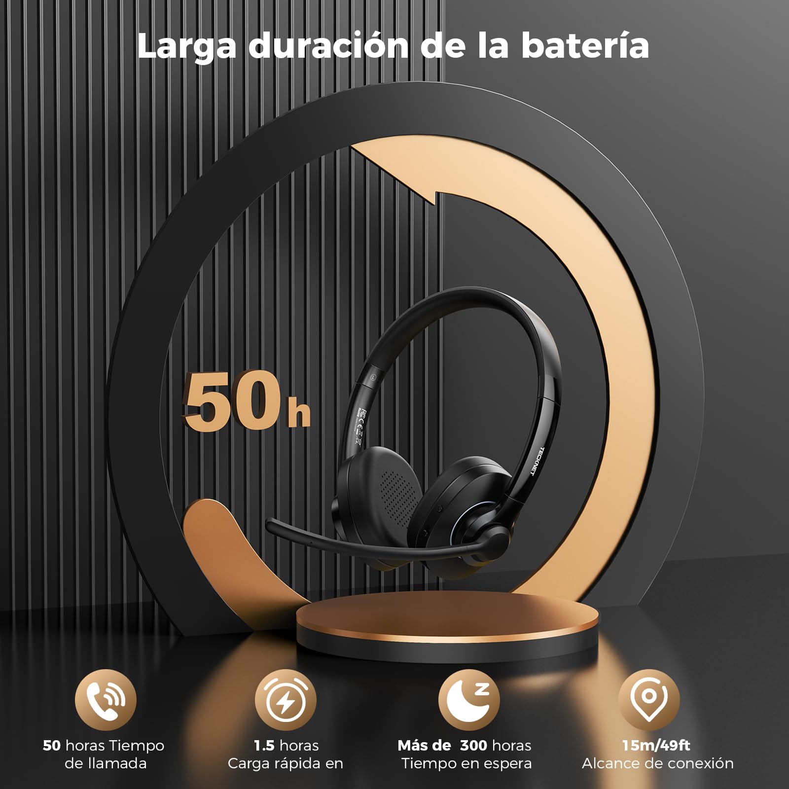 TECKNET Casque Bluetooth sans Fil avec Microphone, Casque Bluetooth V6.0 Casque Micro sans Fil À réduction de Bruit IA, USB-A, +50H d'Autonomie, pour Bureau/Conducteurs Routiers/Centres D'Appels