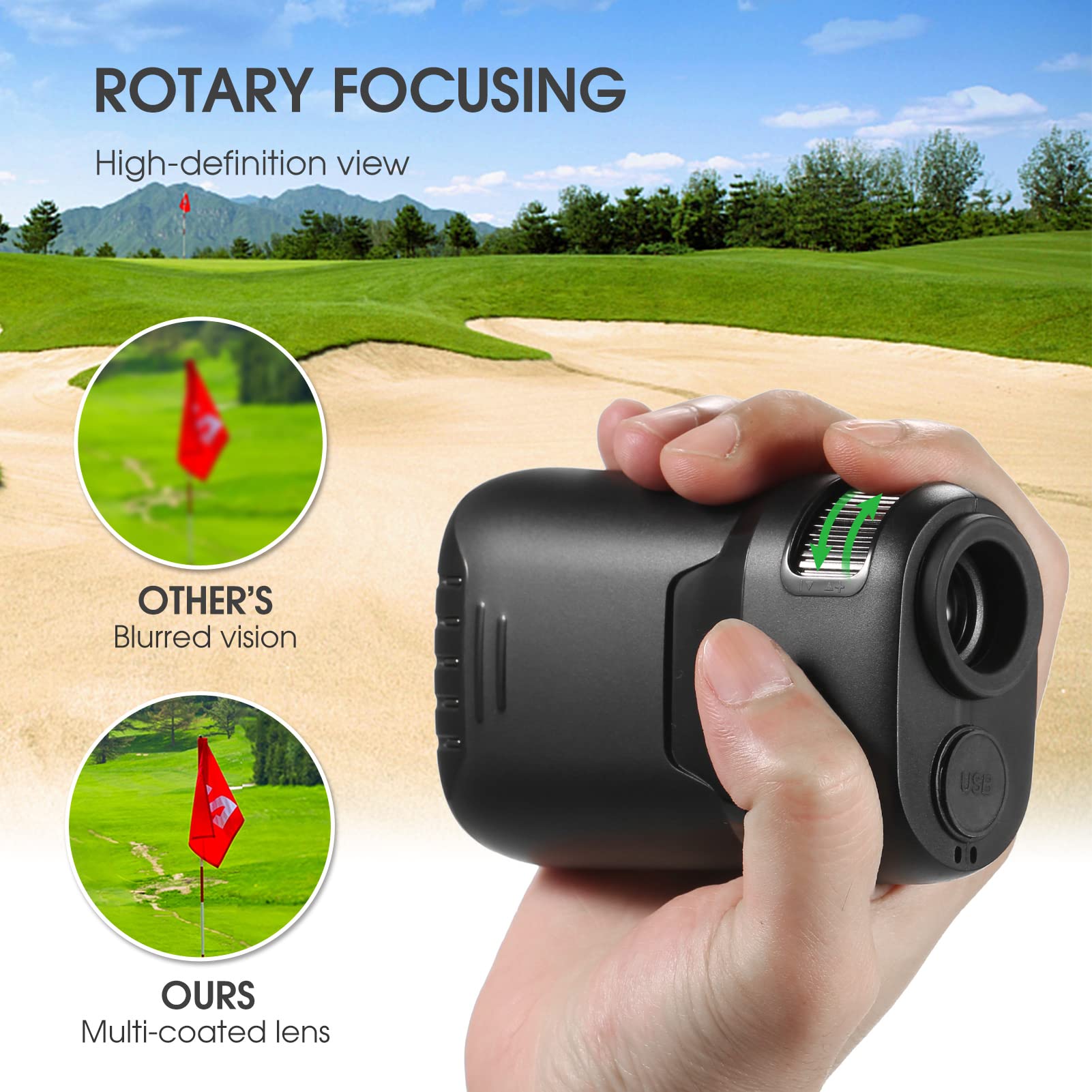 800 m/1000 m/1200 m Golf-Entfernungsmesser, 6-fache Vergrößerung, USB-Lade-Entfernungsmesser mit Neigungsdistanz, Geschwindigkeitsmesser, für Golf, Jagd, Wandern, Messung