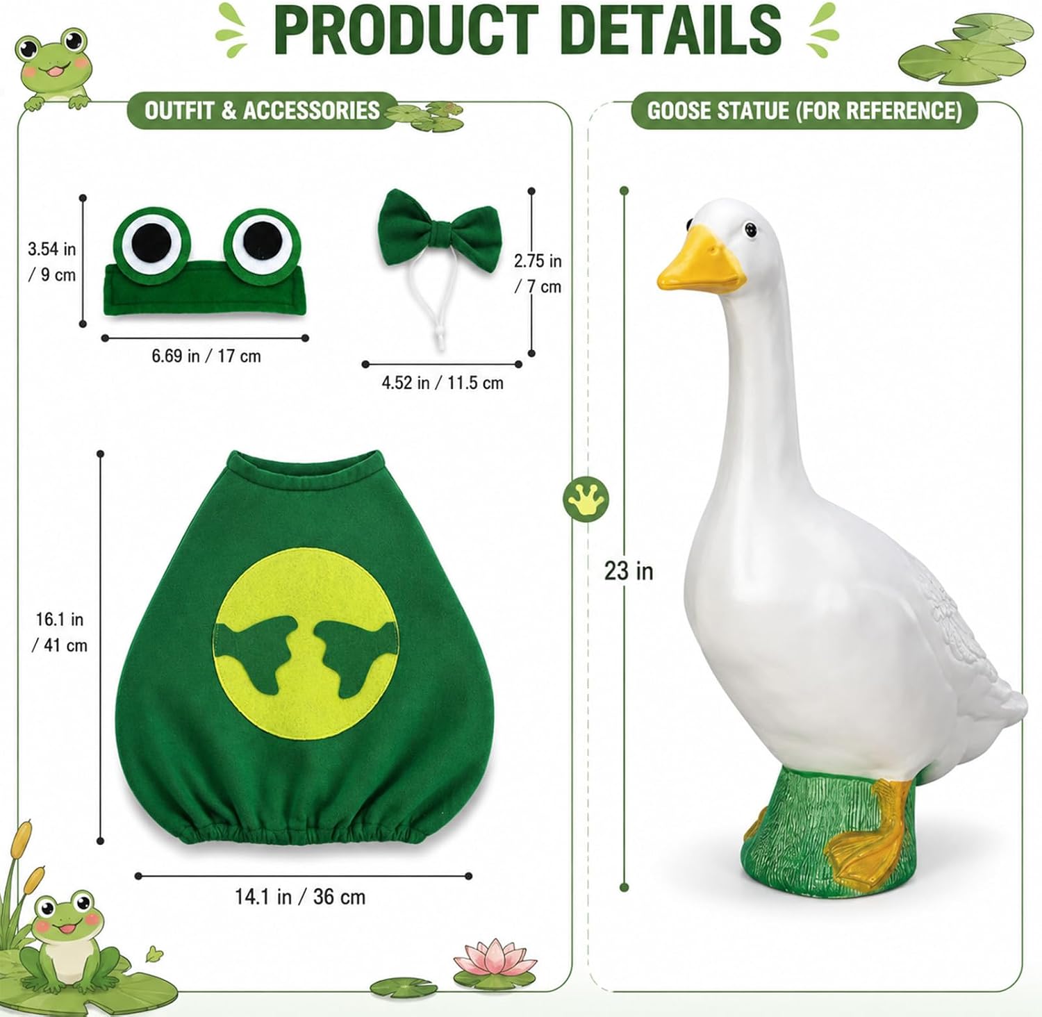 Frog Porch Goose Outfit, for 23" Statue Patio Garden Decoration | Porch Goose Summer Outfit, Frog Design with Cute Green Details, Easy Install, Perfect Gift for Garden Lovers