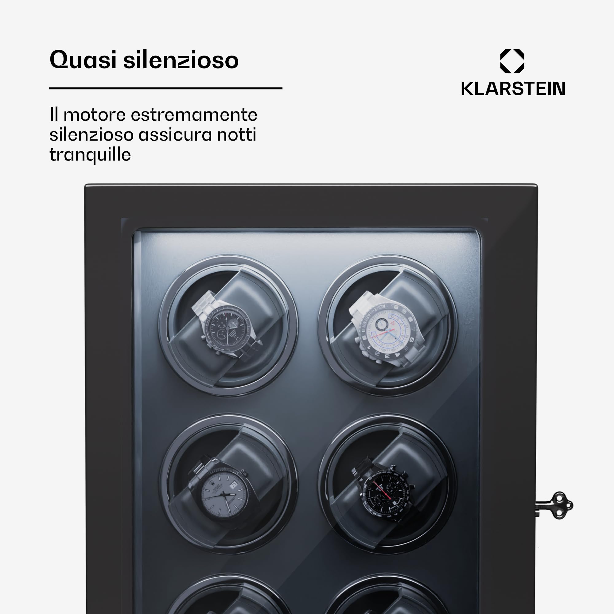 KLARSTEIN - Caricatore Rotante per 6 Orologi Automatici, sportello in Acrilico, LED Blu, 5 impostazioni TPD, Carica Orologi Automatico con mantenitore di Carica
