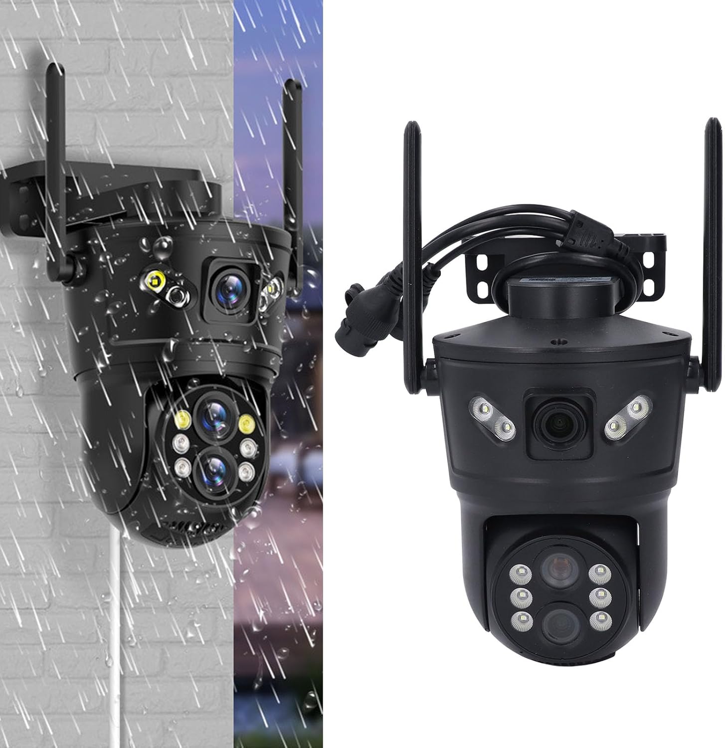 Outdoor security camera shown with rain falling on it, illustrating its IP66 weather resistance.