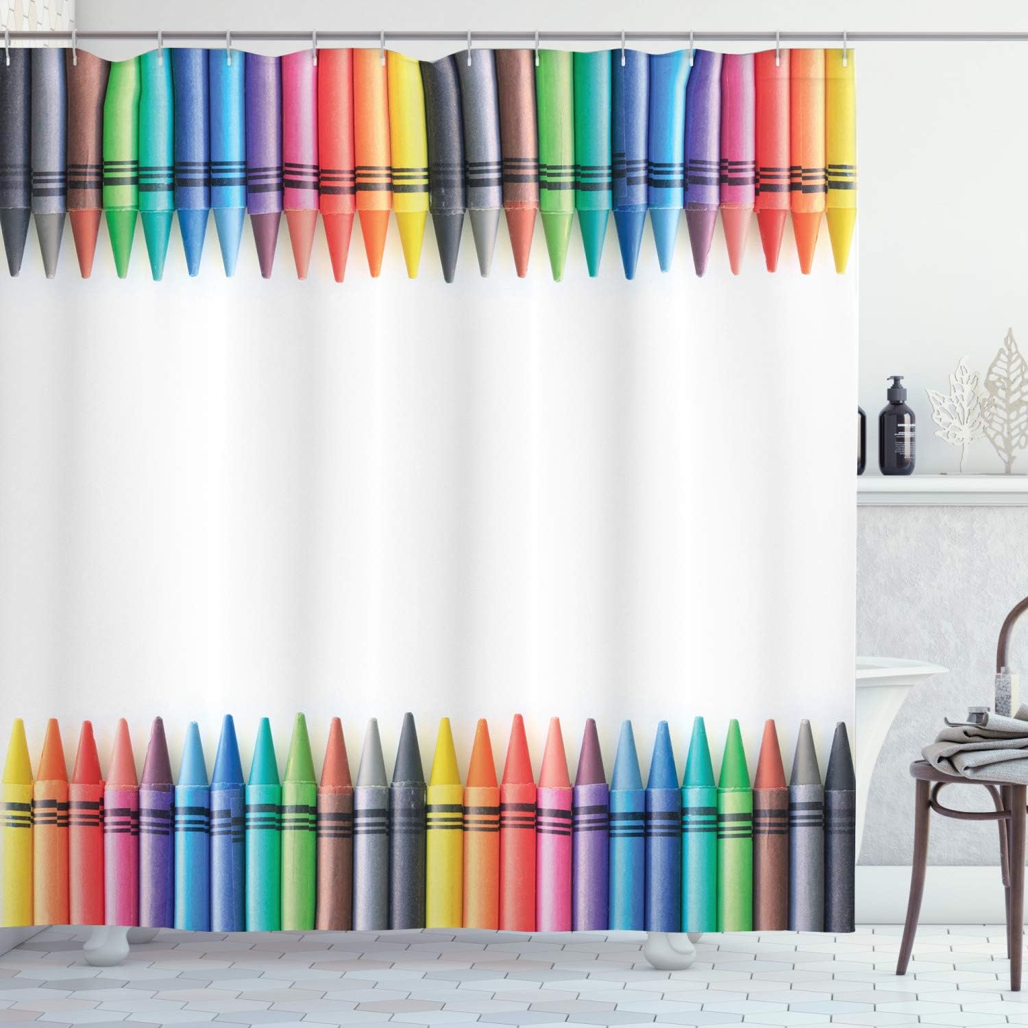 Ambesonne Crayon Shower Curtain, Top and Bottom Symmetric Straight Border 's Painting Crafts Simple Photo, Cloth Fabric Bathroom Decor Set with Hooks, 69" W x 70" L, White Multicolor