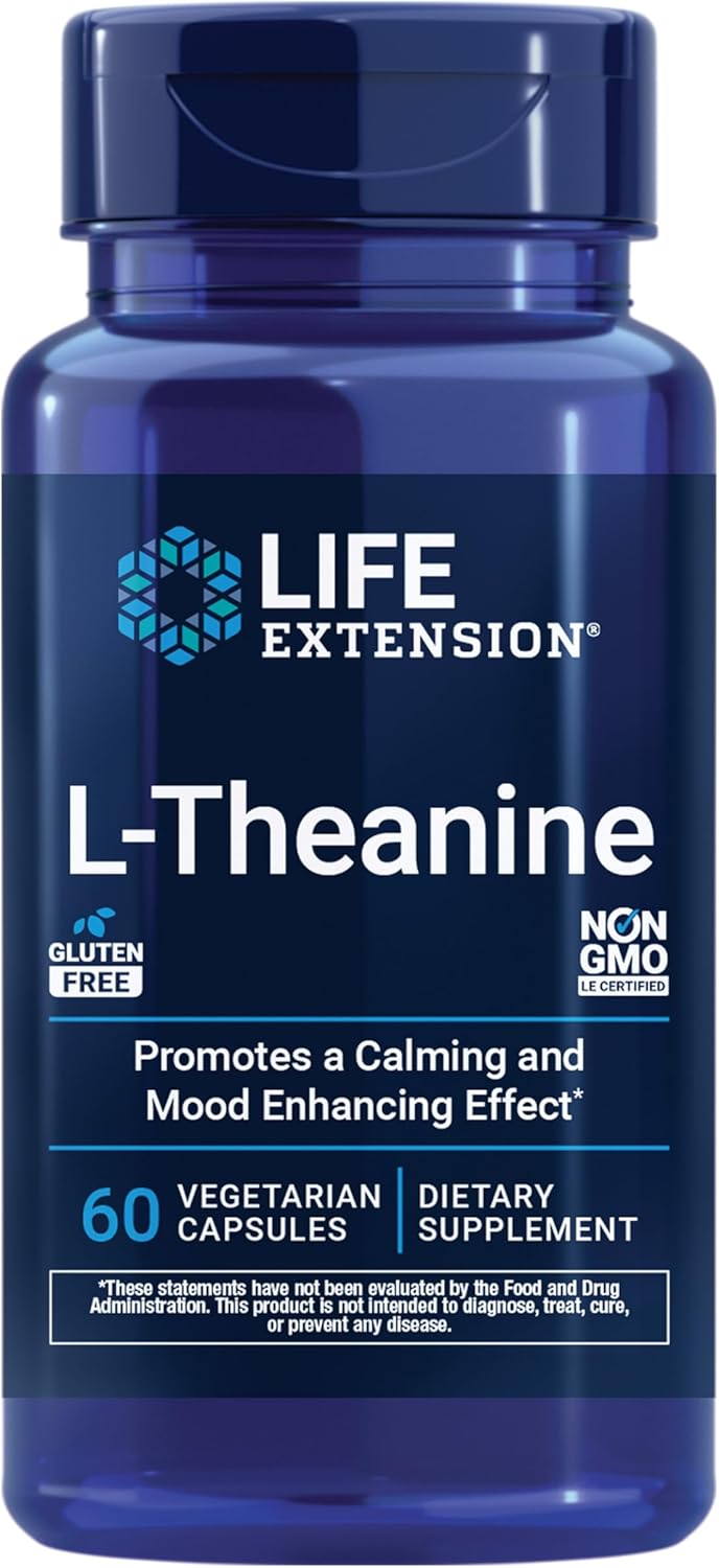 Life Extension L-Theanine, Amino Acid theanine, Calm, Relaxation, Mood, Gluten-Free, Non-GMO, Vegetarian, 200 mg, 60 Capsules