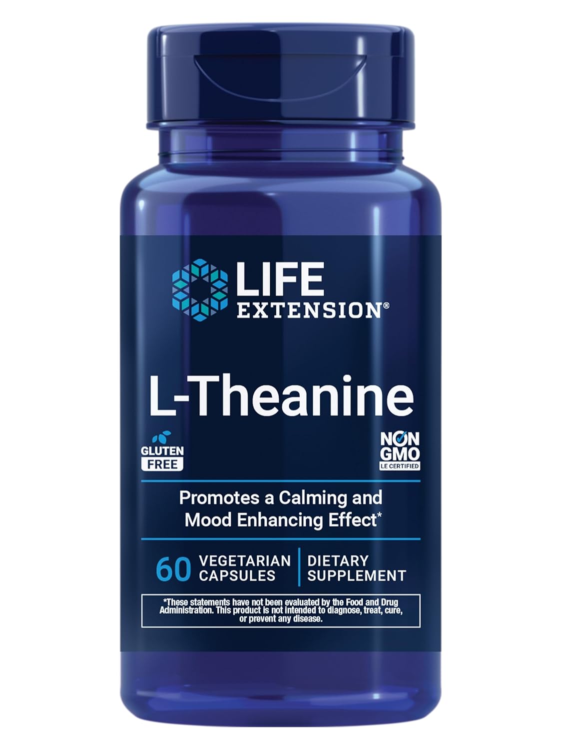 Life Extension L-Theanine Amino Acid theanine Calm Relaxation Mood Gluten-Free Non-GMO Vegetarian 200 mg 60 Capsules