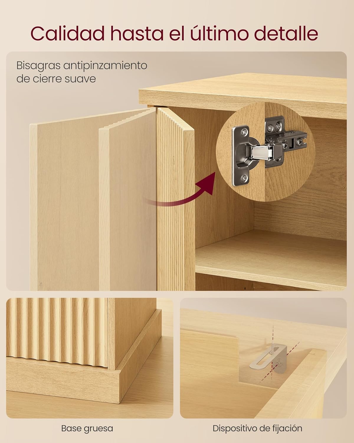 Close-up of soft-close hinges and anti-tip device