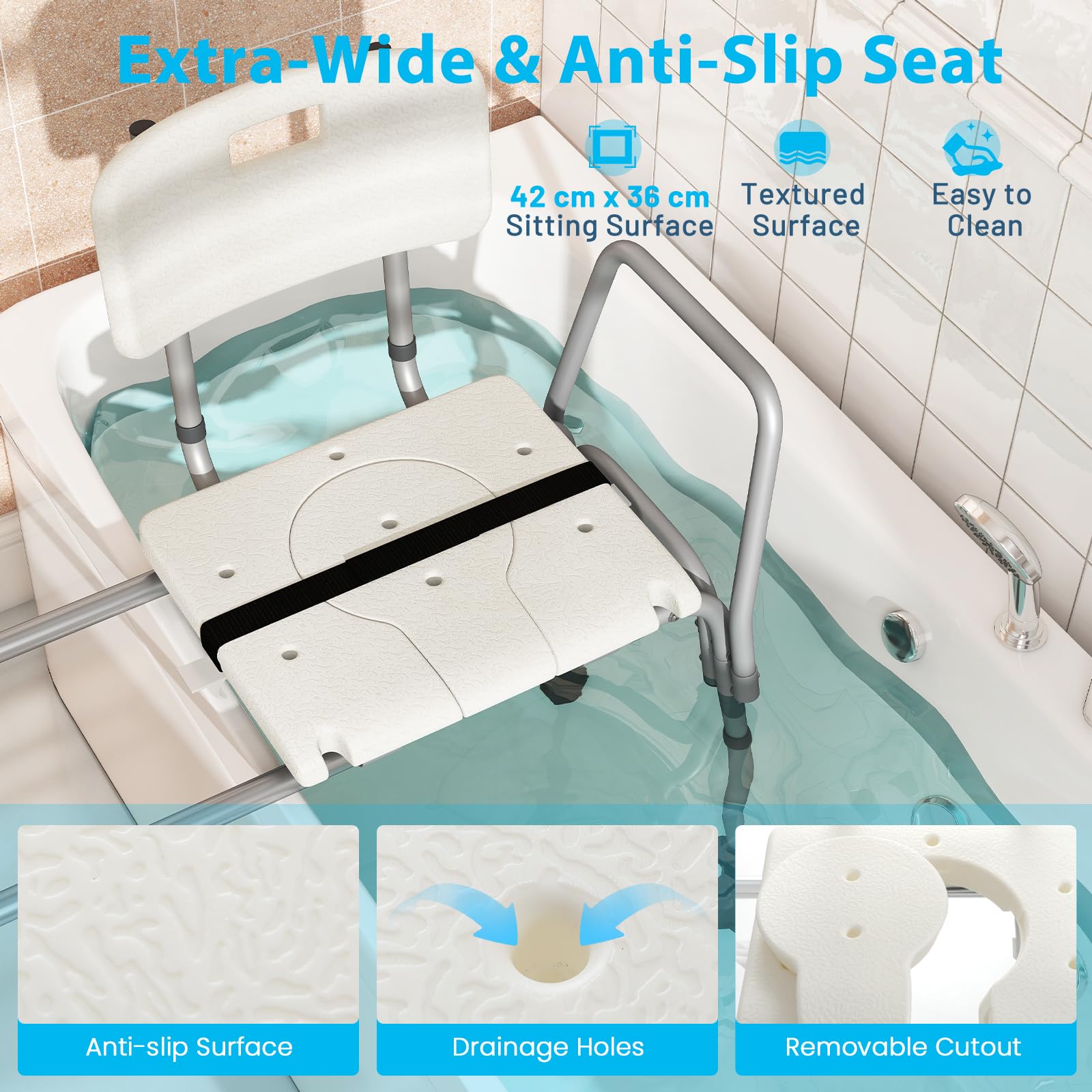 HOMASIS Silla de Ducha para Personas Mayores, Asiento baño para Adulto con Deslizante y Altura Ajustable. Cinturones de Seguridad, Almohadillas Antideslizantes, para Discapacitados, Carga 160kg