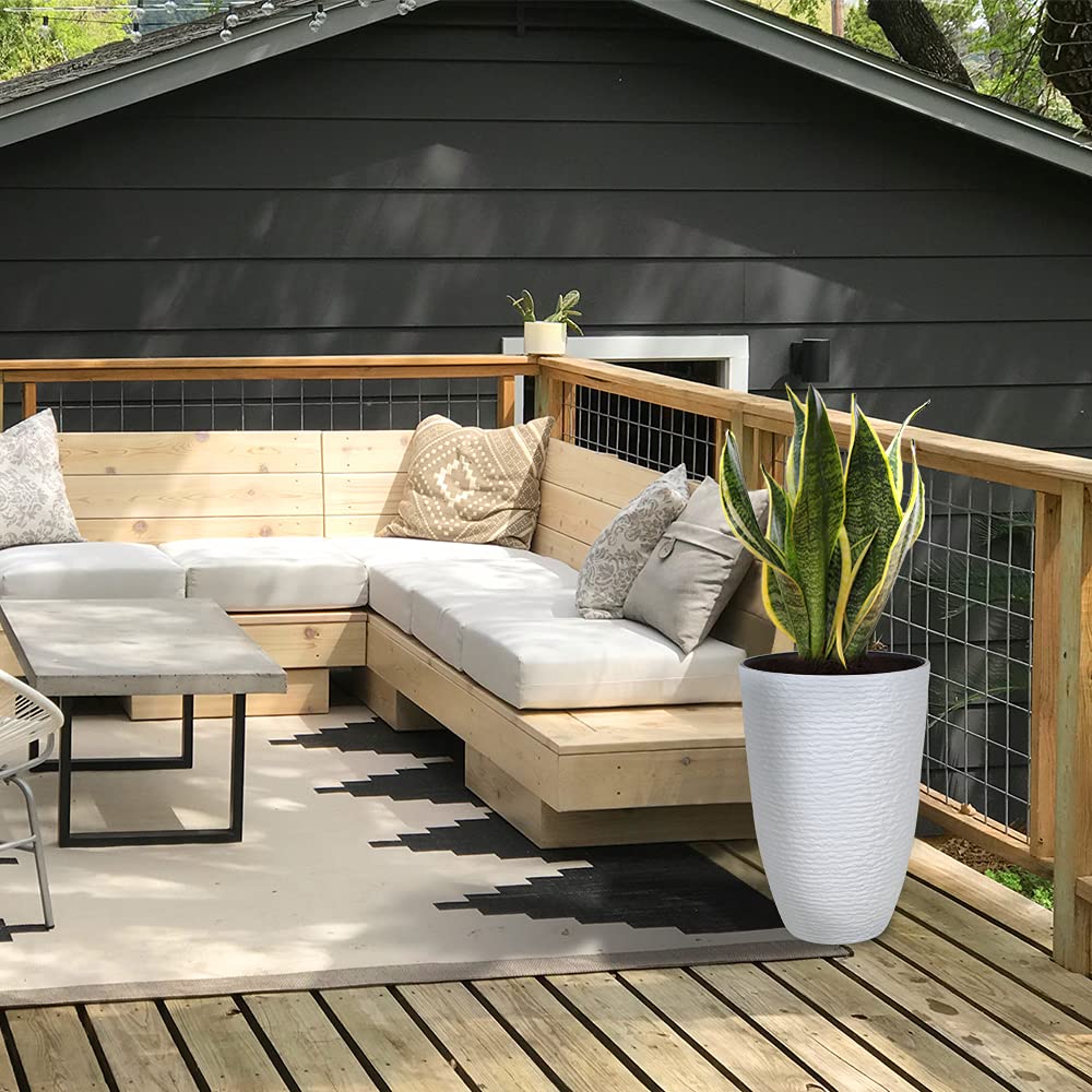 Worth Garden Tree 14 Inch Round Planter for Outdoor Plants 21'' Tall Flower Pots for Trees White Large Imitation Stone Finish Indoor 9 Gallon Decorative Container Patio Deck Lightweight