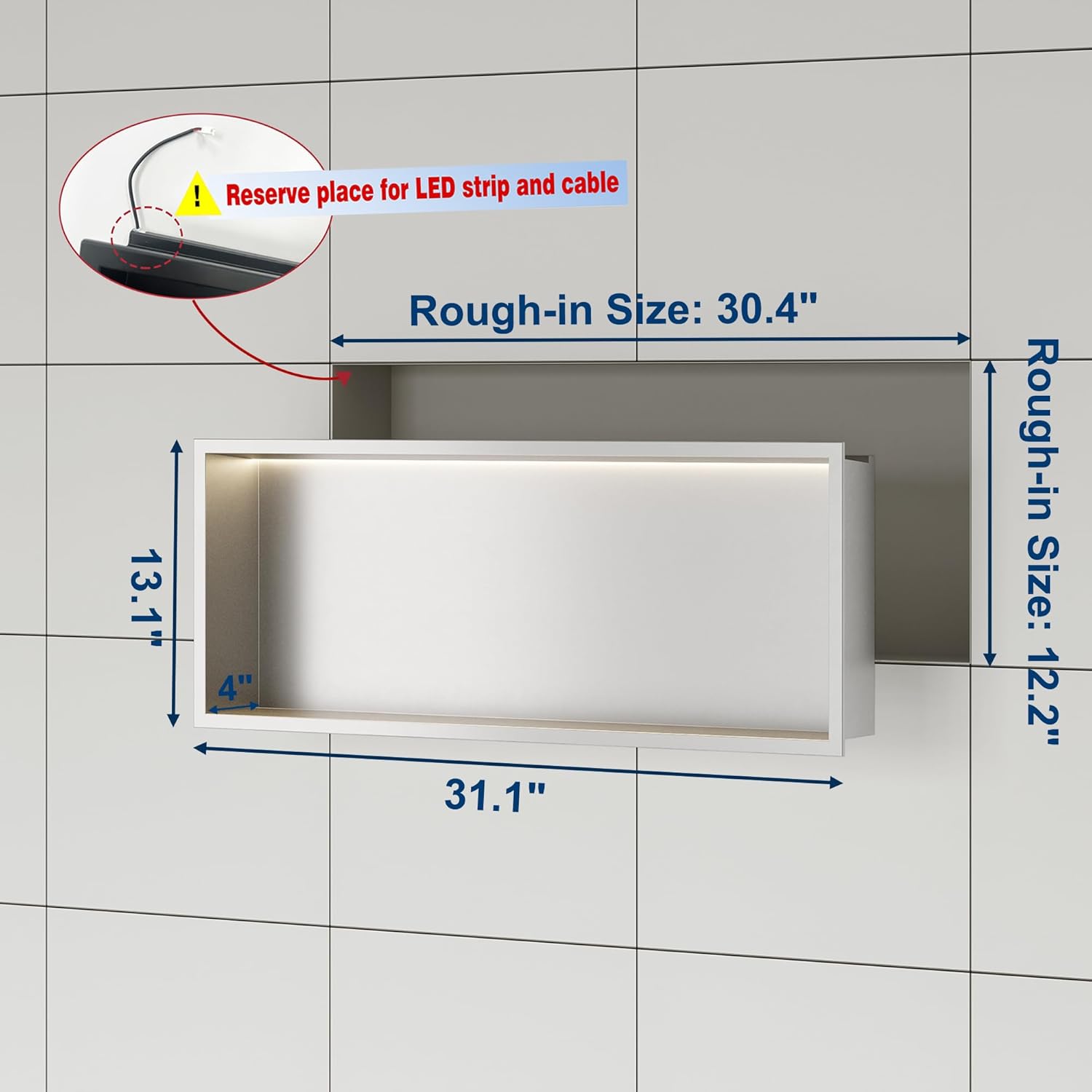 Qeke Stainless Steel Shower Niche 30" X 12", No Tile Needed Wall Niche with Non-Dimmable Led Light, Recessed Shower Niche Lighting for Bathroom Storage Over Mount Installation, Brushed Nickel