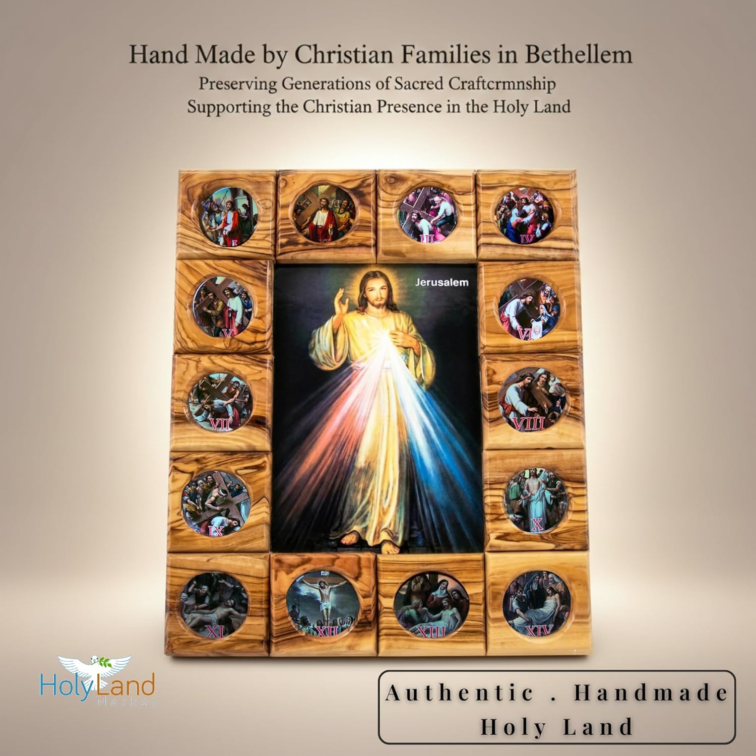 Holy Land Market Stations of the Cross Plaque – Divine Mercy Center – Handcrafted Bethlehem Olive Wood Wall Icon (11.5 x 9.5 Inches) – Christian Catholic Devotional Art from the Holy Land