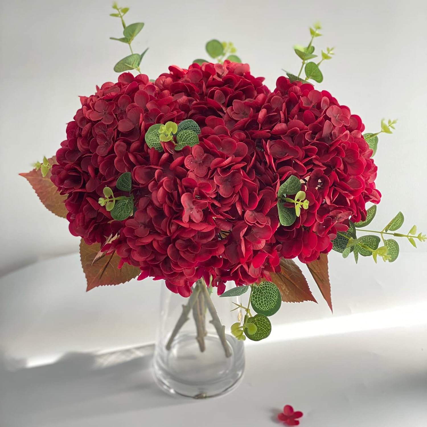 YalzoneMet Burgundy Artificial Hydrangea Flower 3 Pcs 21'' Lifelike Real Touch Latex Hydrangea Red Flower for Fall Halloween Home Party Thanksgiving Christmas Decor Outdoor Vintage Table Centerpiece - Image 7