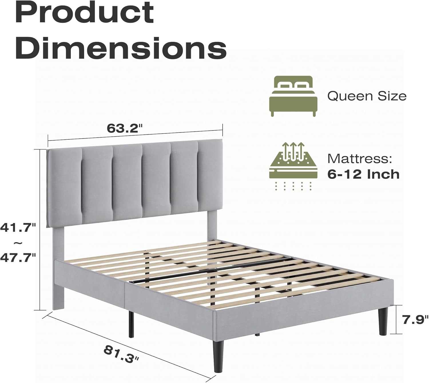 VECELO Queen Size Bed Frame with Upholstered Headboard, Heavy-Duty Bedframe with Strong Wooden Slats Support, No Boxing Spring Needed, Light Grey - Image 2