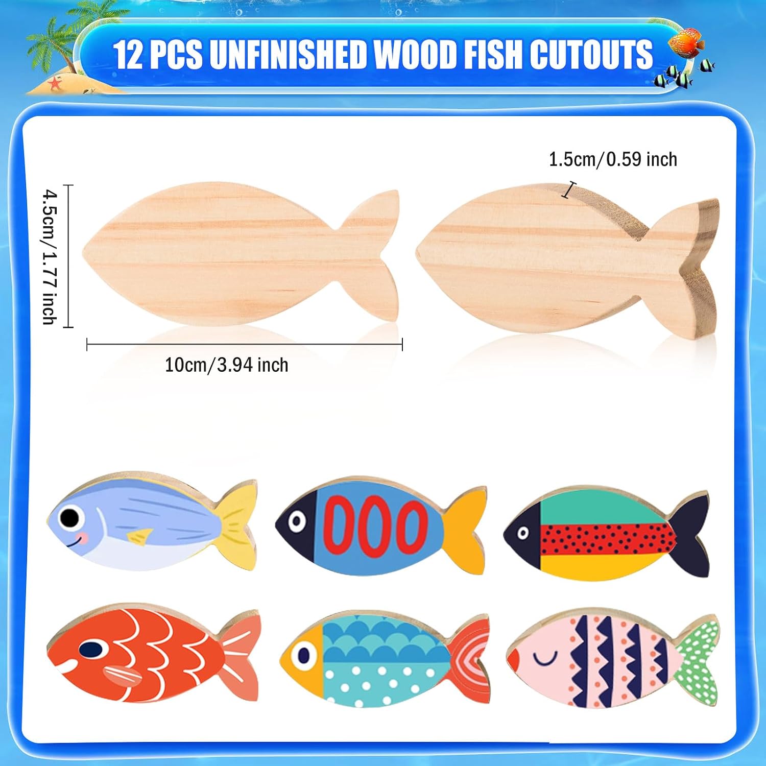 AWIZOM 12 Pcs Wooden Fish Cutouts Unfinished Sea Animal Shaped Table Sign Wood Blocks to Paint Blank Wooden Table Centerpieces for DIY Craft Summer Ocean Theme Home Tiered Tray Decor,3.94x1.77 Inch