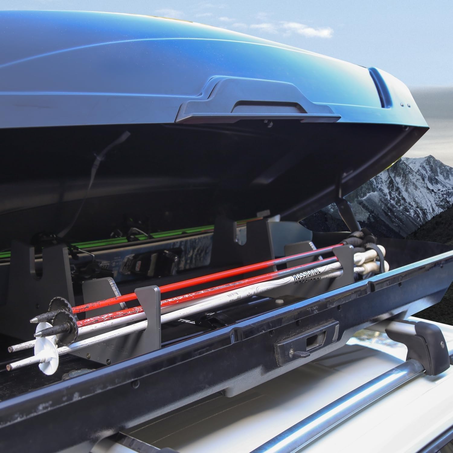 TRAPSKI Lowpro Series - Insertos de Soporte Esquis y Snowboard para Caja de Carga en el Techo, Plástico HDPE de Grado Marino, Correa Premium Incluida, Fabricado en los Estados Unidos (LOWPRO2-S)