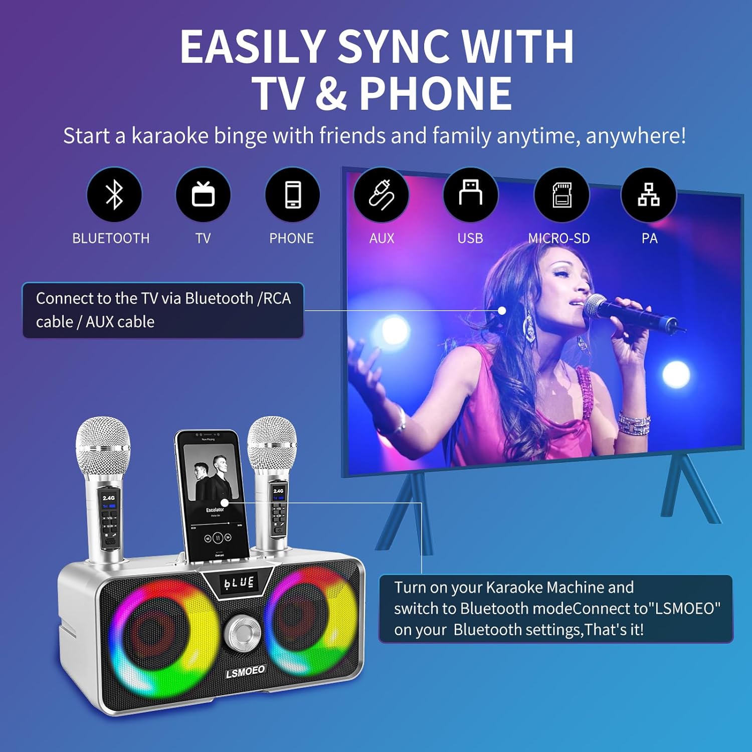 Karaoke Machine for Adults and Kids with 2 UHF Wireless Microphones,Portable Bluetooth Speaker PA Speaker System with LED Party Lights for Home Party, Picnic,Car,Outdoor/Indoor/Birthday Gifts - Image 2
