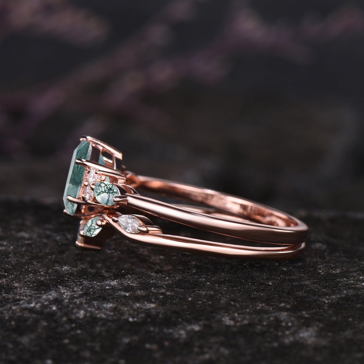 10K 14K 18K Rose Gold 2CT Natural Moss Agate Engagement Ring Set for Women 925 Sterling Silver Genuine Hexagon Green Moss Agate Leaf Art Deco Bridal Wedding Ring Set (Size 4-15)-2
