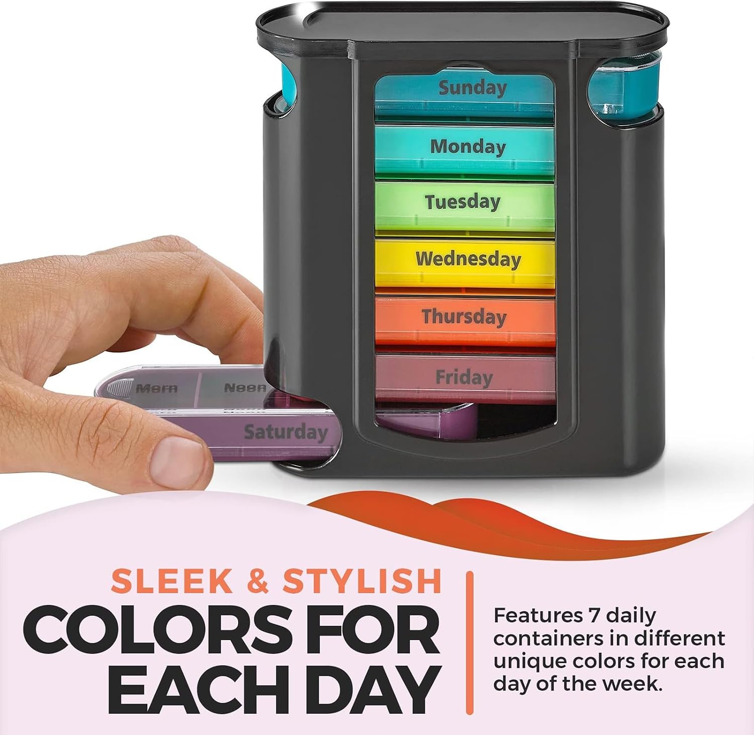 Weekly Stackable Pill Organizer, 4 Times A Day Pill Organizer Box Morning, Noon, Evening, and Bedtime,7 Stackable Compartments,Black casing (Black casing)