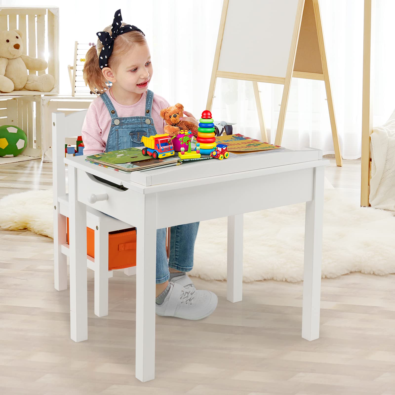 RELAX4LIFE Scrivania per Bambini in Legno con Sedia, Coperchio Apribile Contenitore, Cerniera, Gancio per Zaino e Scatola per Età 3+ Anni (Bianco)