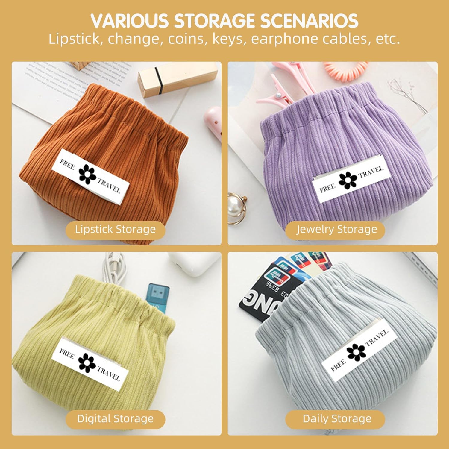 Corduroy Makeup Bag 12PCS, Elastic Aesthetic Lipstick Bag, Cute Mini Cosmetic Bag, Daily Portable Travel Organizer Bag, Hair Accessories Storage Pouch, Multipurpose Small Organizer (12 Pack)