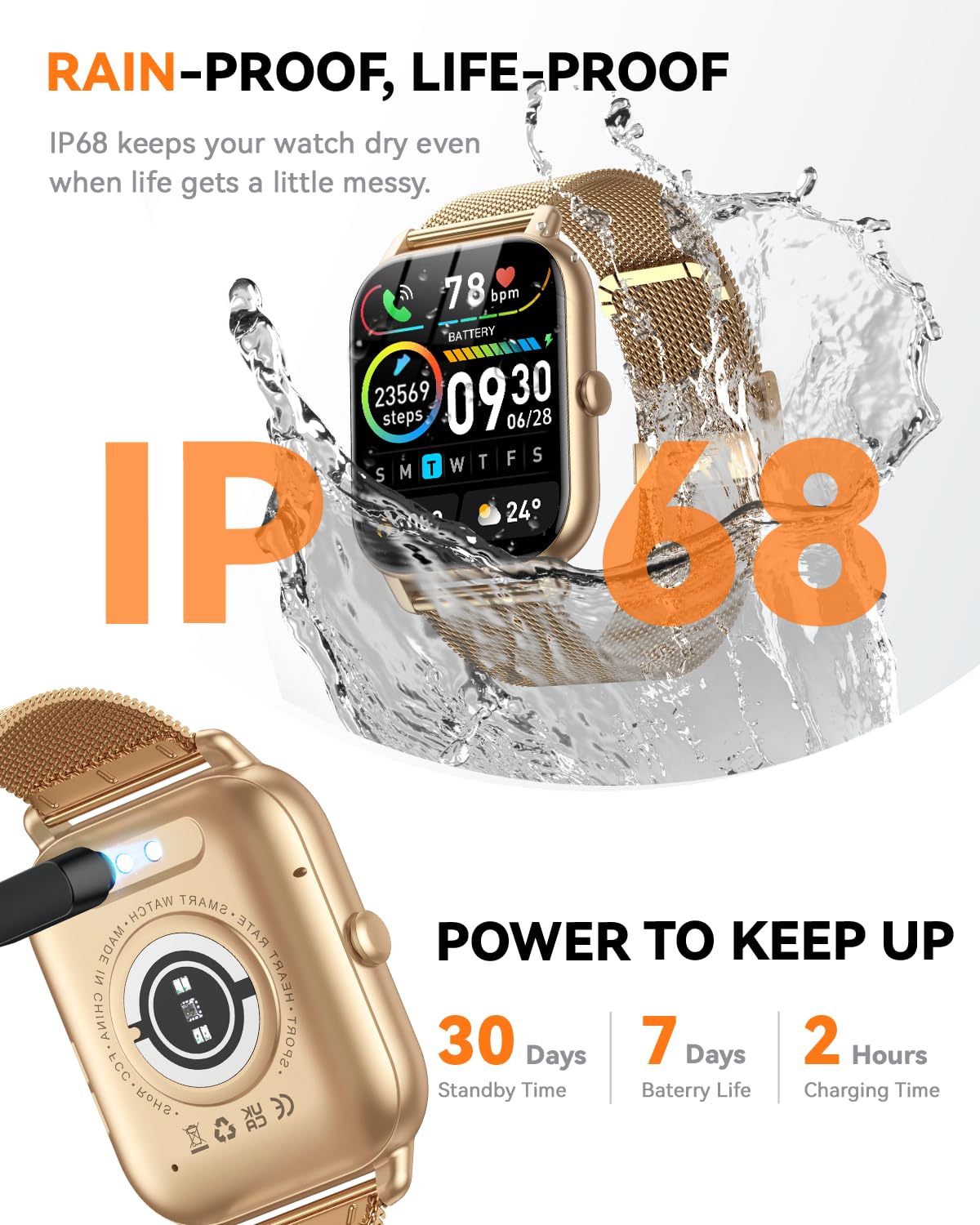 Relojes inteligentes para hombres y mujeres, rastreador de fitness con contador de actividad/monitor de sueño, IP68 resistente al agua para Android, iPhone iOS (funda de arena cálida con correa dorada