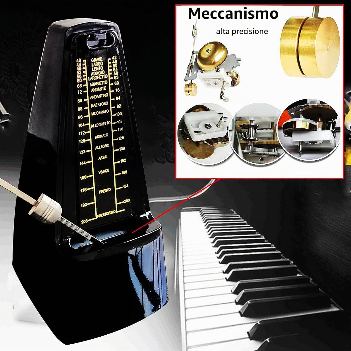 Metronomo Meccanico Universale con Campana Accentuata, Battito Preciso e Suono Forte, Facile da Usare, Adatto per Pianoforte Chitarra Sassofono Batteria Tromba Clarinetto ecc,Nero