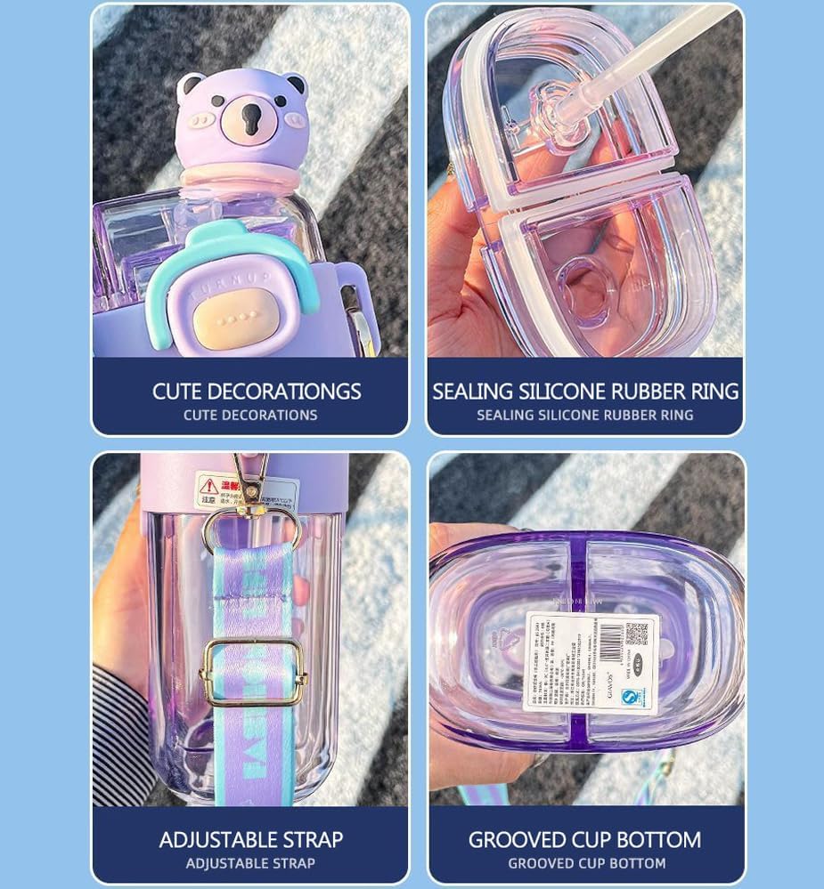 TourKing 26oz Kawaii Water Bottle With Strap, Split Cups For Drinks Dual Compartment, Double-Sided Leakproof Design, Fountain Straw & Portable For Travel Sports (Purple) (purple) - Image 4