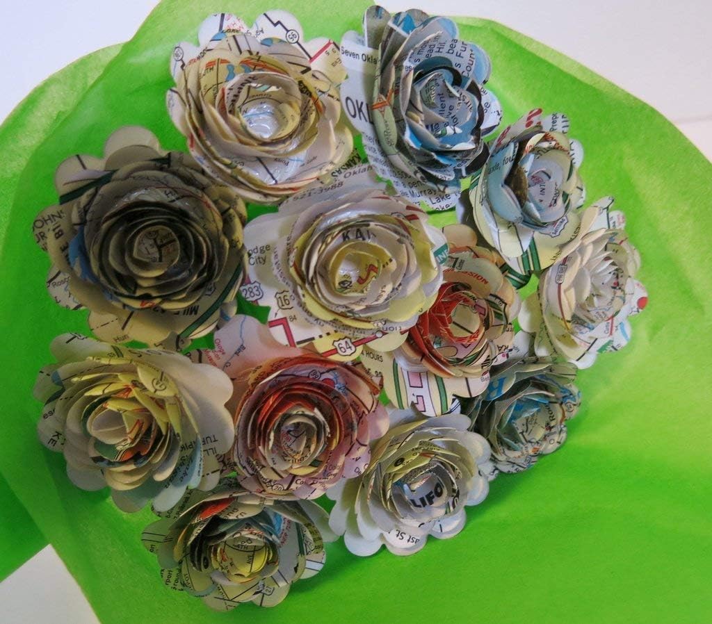 Scalloped Quilled Vintage Road Map Paper Rose Bouquet – One Dozen 3D Flowers on Stems