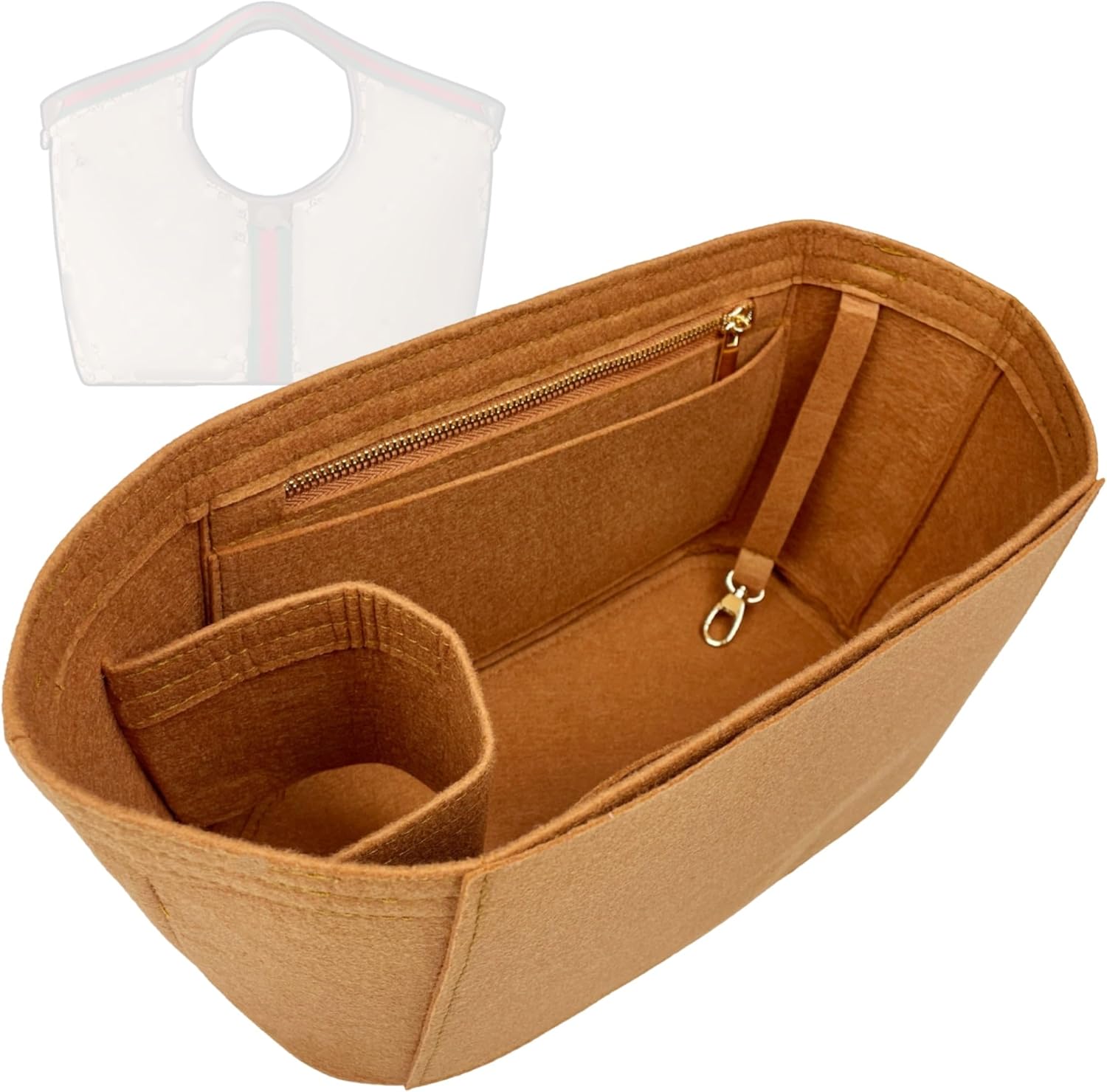Organizer for GG Giglio Small/Large Tote Bag, Felt Purse Insert with Key Hook Zipper Pocket Water Bottle Holder (Large, GoldBrown)