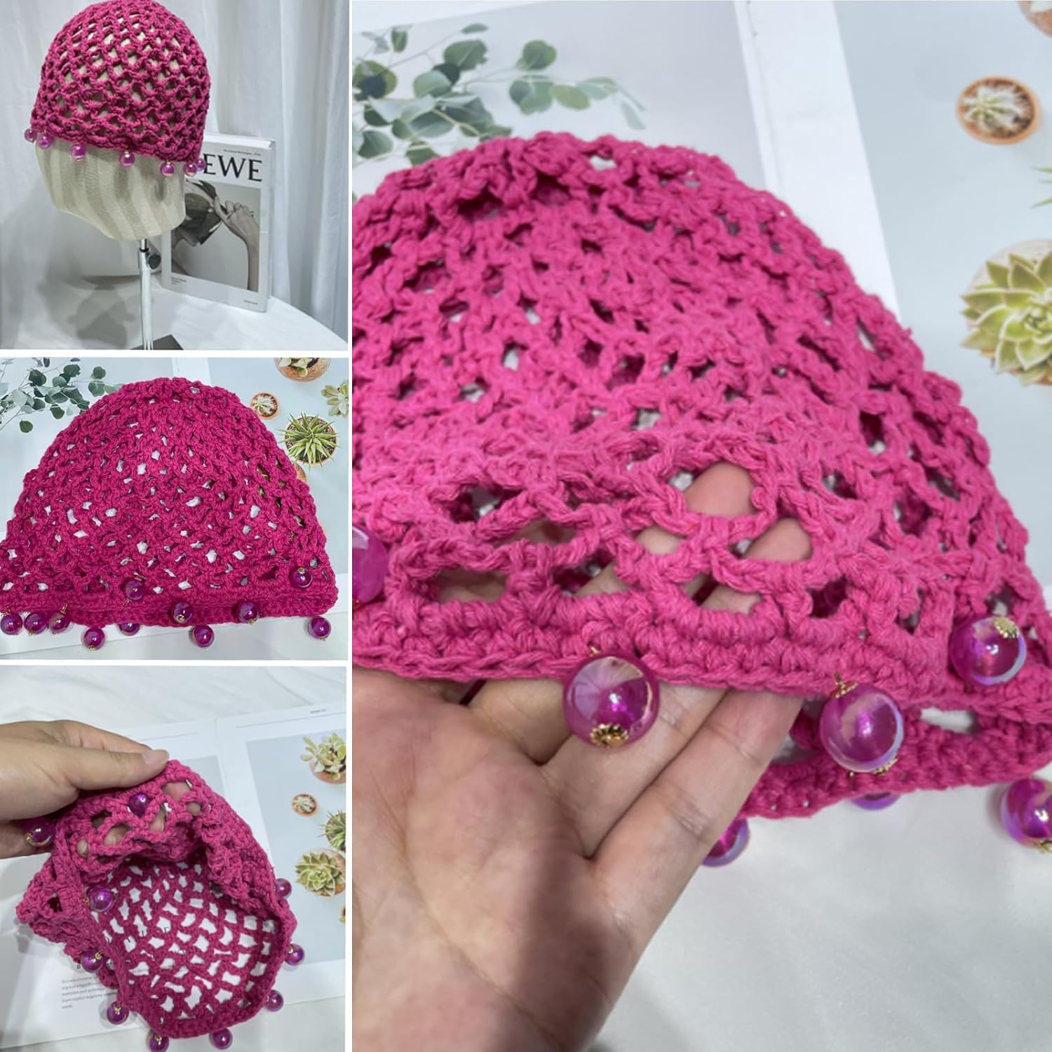 1pc Pink Crochet Hair Mesh Cap with Pearls Knitted Soft Knitting Snood Hair Deco Accessory for Women Girls - Image 5