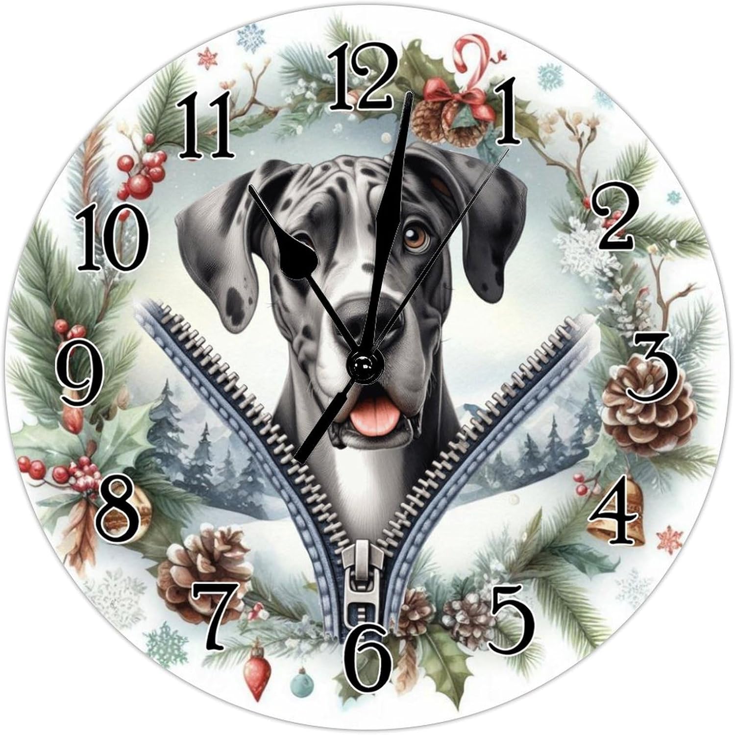 Great Dane Wood Clock Great Dane Funny Zipper Peeking Dog Decorative Wall Clock Dog Pet Portrait Round Home Decorative Clocks Non-Ticking Silent Wall Clock for Home Living Room 15x15in