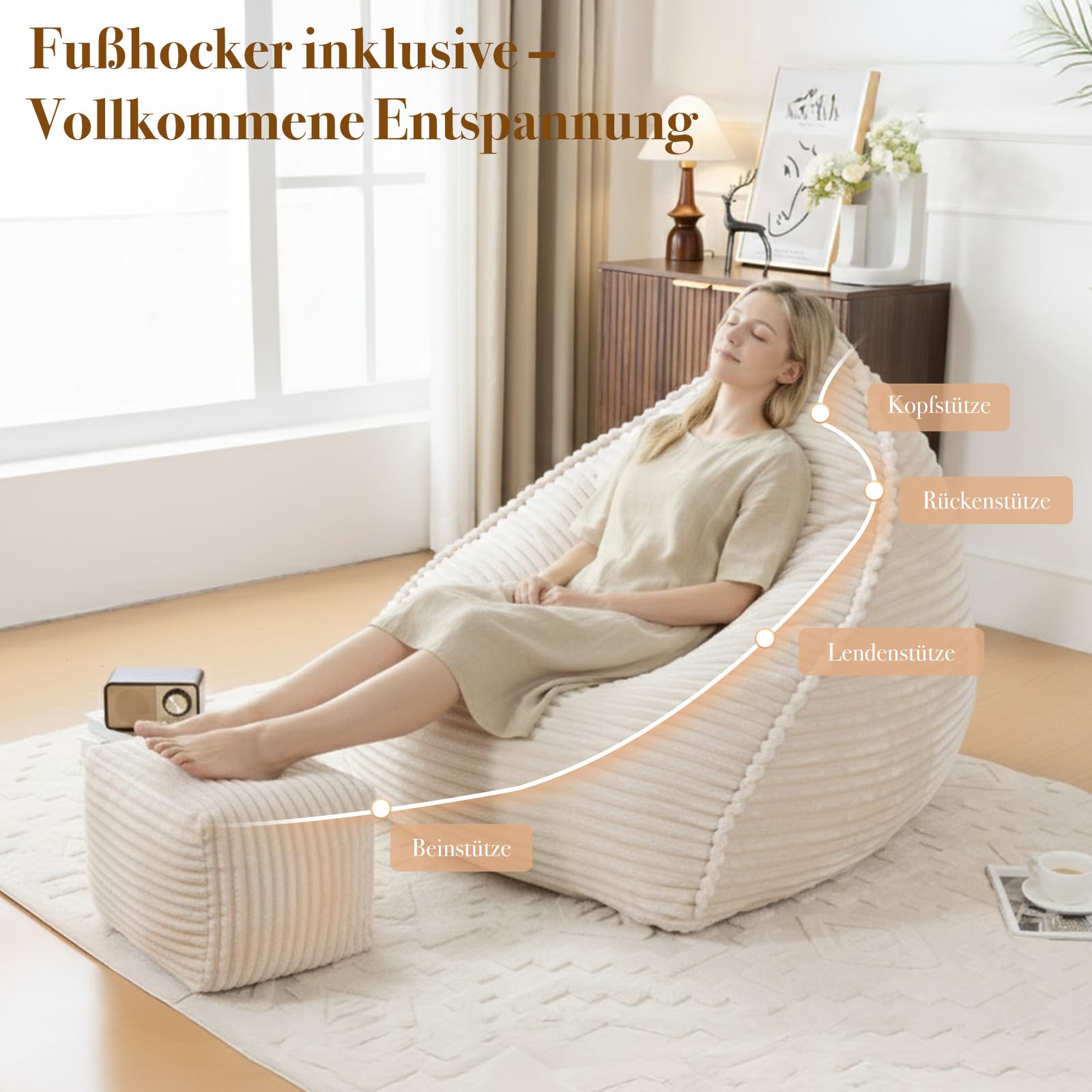 Vamcheer Sitzsack Erwachsene mit Hocker XXL Beige Bean Bag Chair Flauschiger Flanellstoff