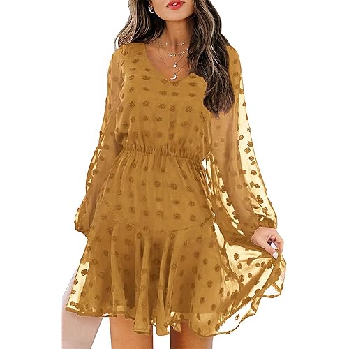 KIRUNDO Women's Long Sleeves V Neck Flowy Swiss Dot High Waist Chiffon Casual Mini Dress with Belt