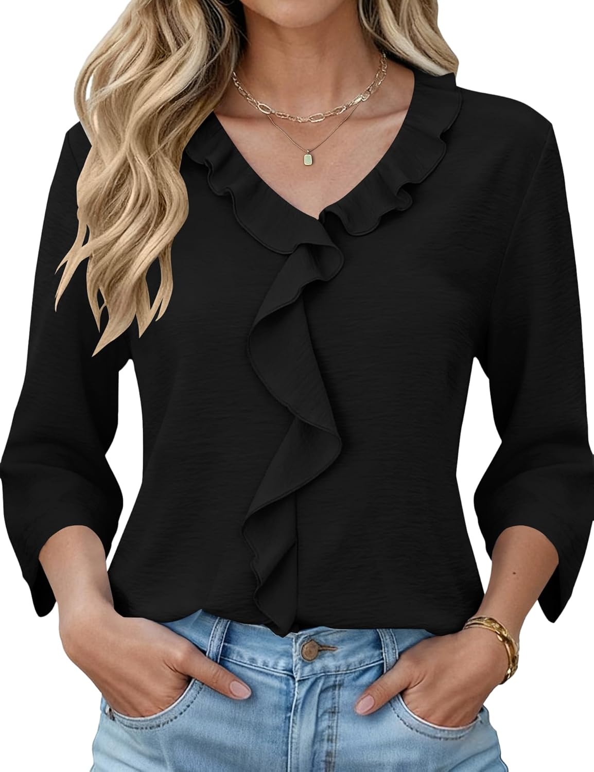 AKEWEI 3/4 Length Sleeve Womens Tops Dressy Casual Blouses Ruffle V Neck T Shirts Cute Curved Hem Tunic Tee Fashion 2026