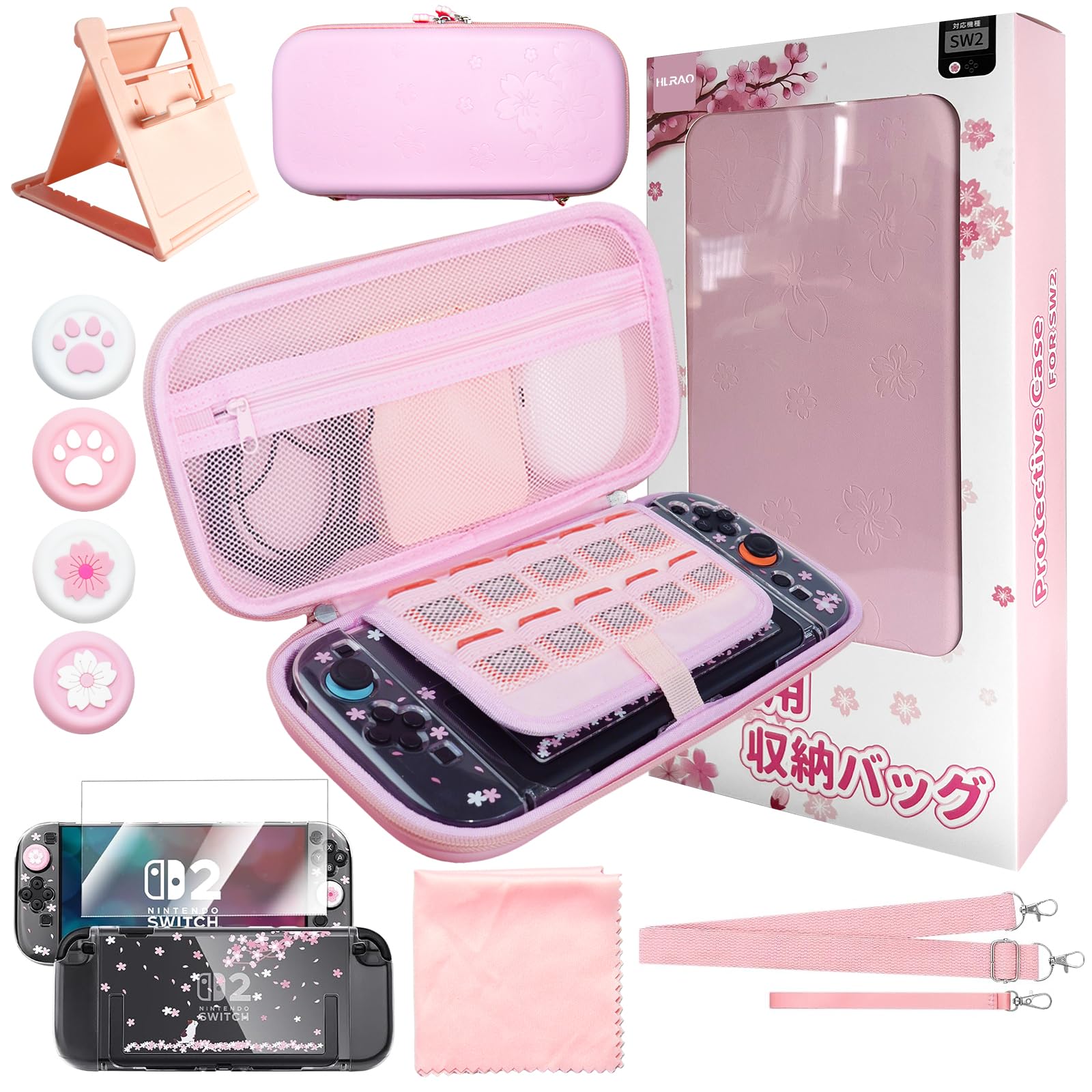 HLRAO Étui rose compatible avec Nintendo Switch OLED 2021,coque rigide Sakura Design, étui de rangement portable solide, antichoc, avec protection d'écran en verre HD et 4 capuchons Sakura Thumb Grip.