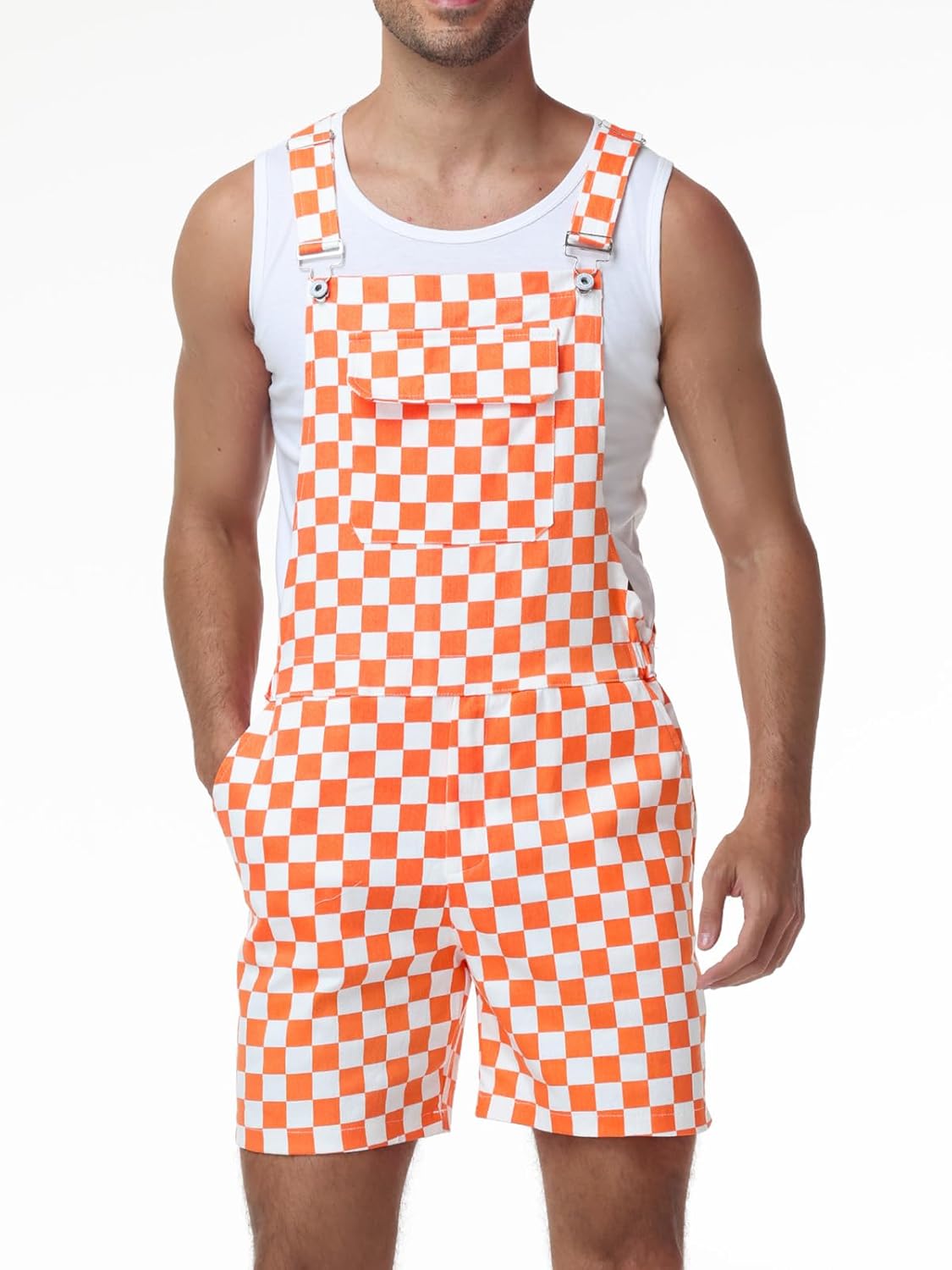Checkered Bib Overalls for Men - Shorts Jumpsuit Work Coveralls with Adjustable Straps